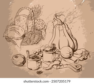 Set of pictures of food - bread basket and still life of pumpkin, bell pepper, chili and spices, hand drawn	
