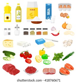 Set of pictures of the food for cooking and the recipes. Vector colorful illustration in flat style.