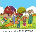 Set of pictures gardener family, garden, mill and landscape with gardening concept. Garden set icons and landscape with a garden, various plants, trees, mill, barn,tractor in flat style