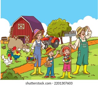 Set of pictures gardener family, garden, mill and landscape with gardening concept. Garden set icons and landscape with a garden, various plants, trees, mill, barn,tractor in flat style