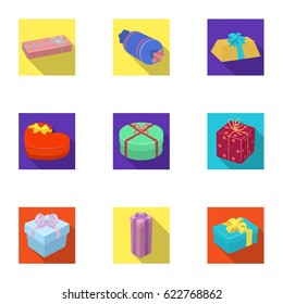 A set of pictures gifts. Gifts for different holidays, surprises. Gift packaging.Gifts and cert icon in set collection on flat style vector symbol stock illustration.