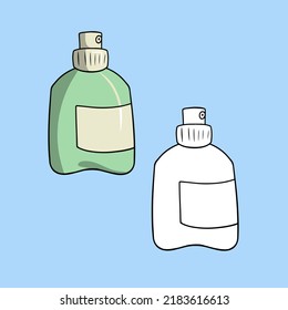 Eine Reihe von Bildern, eine grüne Plastikflasche, eine Spritzflasche, eine Vektorgrafik im Cartoon-Stil auf buntem Hintergrund