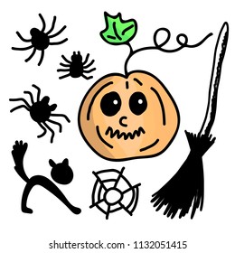 Set of pictures for Halloween. Cat, spiders, pumpkin, broom. For Halloween, day of the dead, postcards, stickers, decor.