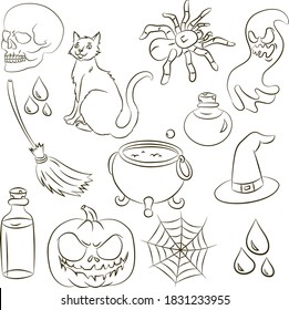 
Set of pictures for halloween. Skull, cat, spider, pumpkin, potion, bringing and broom