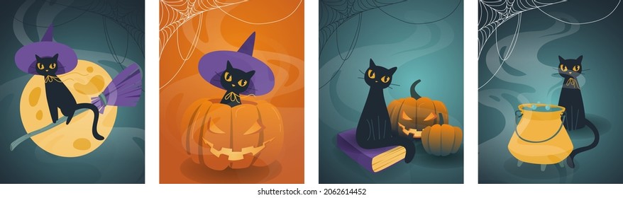 A set of pictures for Halloween.Black cat in a hat flying against the background of the moon.The cat is brewing a potion in a cauldron.A kitten looks out from a sinister pumpkin.Magic book.Vector illu