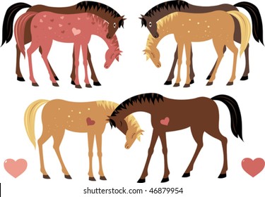 A set of pictures with horses in love. Vector illustration without gradients.