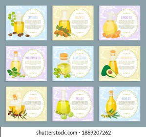 Set of pictures with labels about organic products. Glass vessels with liquid for hair care. Castor and jojoba, macadamia and grapeseed, avocado and amla, argan and olive oils. Vector illustration