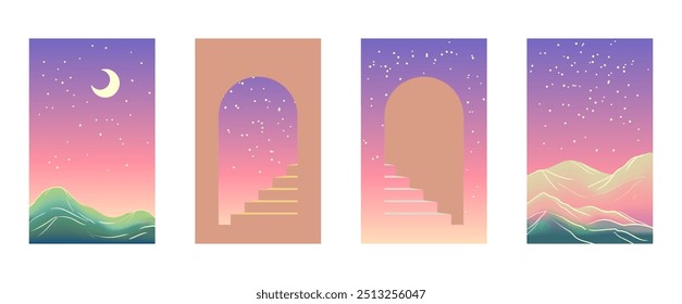 A set of pictures with landscapes. Simple stylized pictures. Vector