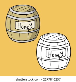 A set of pictures, a large wooden barrel with honey, a vector illustration in cartoon style on a colored background