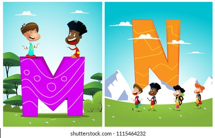 Set of pictures for learning English alphabet.Kids are engaged in their daily activities against background of the letter being studied.The set consists of 13 illustrations of two pictures in each.