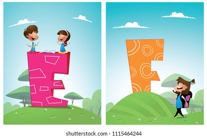Set of pictures for learning English alphabet.Kids are engaged in their daily activities against background of the letter being studied.The set consists of 13 illustrations of two pictures in each.