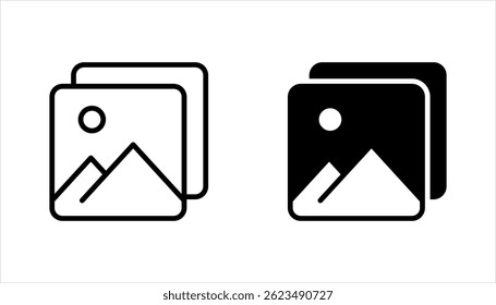 Conjunto de imágenes icono lineal. Biblioteca digital de fotos. Gestión multimedia. Ilustración vectorial sobre fondo blanco