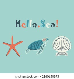 A Set Of Pictures Of Marine Life, Turtle, Starfish, Seashell, Algae For Printing, Games, Children, Postcards, Design, Advertising, Poster