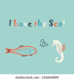 A Set Of Pictures Of Marine Life, Turtle, Starfish, Seashell, Algae For Printing, Games, Children, Postcards, Design, Advertising, Poster