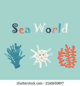 A Set Of Pictures Of Marine Life, Turtle, Starfish, Seashell, Algae For Printing, Games, Children, Postcards, Design, Advertising, Poster