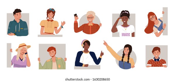 Set of pictures with men and women. People posing with different emotions isolated. Young teens and adults with smile on faces. Vector portraits of curious happy people in flat style. Face look avatar