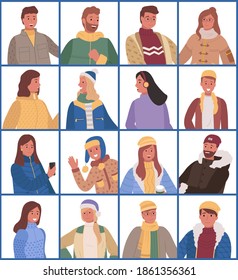 Set of pictures with men and women. People posing with different emotions isolated on white background. Guys and ladies dressed in warm clothes, overcoat, hat and scarf. Vector illustration in flat