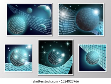 A set of pictures. Modern abstract communication technology concept, circle of digital schemes and innovations, high-tech future, visual concept of a data set. Global network background design. 