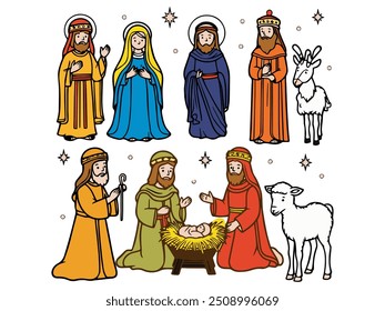 A set of pictures of a nativity scene, depicting baby Jesus, Mary, Joseph and the Magi in Bethlehem simple line drawing