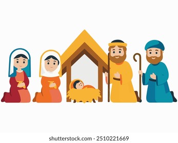 Um conjunto de fotos de um presépio, retratando o bebê Jesus, Maria, José e os Magos em Belém simples desenho de linha