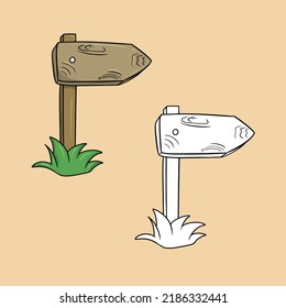 A set of pictures, an old wooden pointer, worn-out pointers standing on the grass, a vector illustration in cartoon style on a beige background