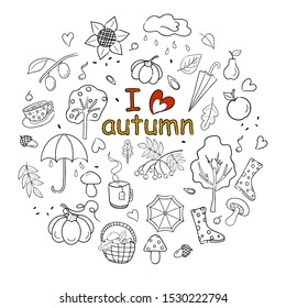 A set of pictures on an autumn theme in sketches and the inscription I love autumn