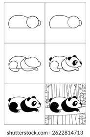 A set of pictures on how to draw a panda, a simple tutorial for children and beginners. materials for a book or website. cute bear on a tree branch, bamboo background. simple animals made of shapes.