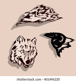 Set of pictures on a light background.Wolf,raven,eagle tattoo - vector illustration