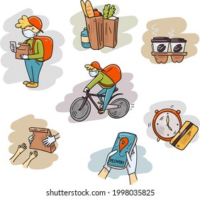 set of pictures on the theme of delivery, vector illustration, doodle, cartoons
