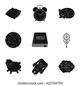 A set of pictures on a theme a dream, rest. Bed accessories for rest.Sleep icon in set collection on black style vector symbol stock illustration.