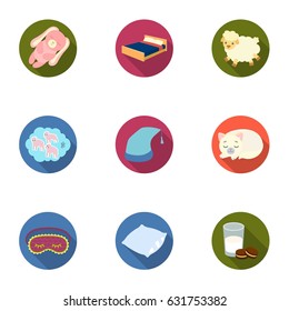 A set of pictures on a theme a dream, rest. Bed accessories for rest.Sleep and rest icon in set collection on flat style vector symbol stock illustration.