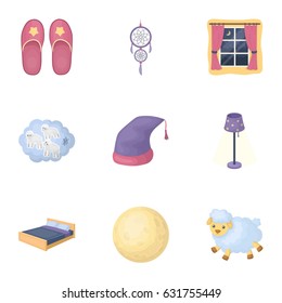 A set of pictures on a theme a dream, rest. Bed accessories for rest.Sleep and rest icon in set collection on cartoon style vector symbol stock illustration.