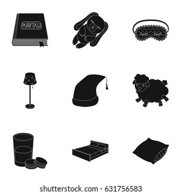 A set of pictures on a theme a dream, rest. Bed accessories for rest.Sleep and rest icon in set collection on black style vector symbol stock illustration.