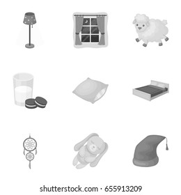 A set of pictures on a theme a dream, rest. Bed accessories for rest.Sleep and rest icon in set collection on monochrome style vector symbol stock illustration.