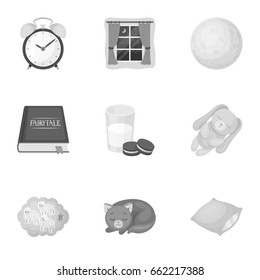 A set of pictures on a theme a dream, rest. Bed accessories for rest.Sleep and rest icon in set collection on monochrome style vector symbol stock illustration.