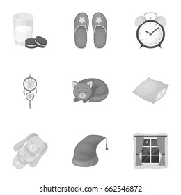 A set of pictures on a theme a dream, rest. Bed accessories for rest.Sleep and rest icon in set collection on monochrome style vector symbol stock illustration.
