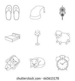A set of pictures on a theme a dream, rest. Bed accessories for rest.Sleep and rest icon in set collection on outline style vector symbol stock illustration.