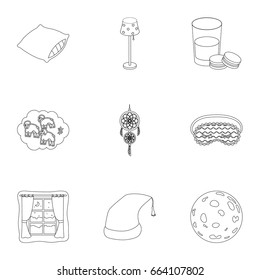 A set of pictures on a theme a dream, rest. Bed accessories for rest.Sleep and rest icon in set collection on outline style vector symbol stock illustration.