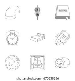 A set of pictures on a theme a dream, rest. Bed accessories for rest.Sleep and rest icon in set collection on outline style vector symbol stock illustration.