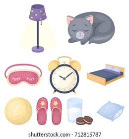 A set of pictures on a theme a dream, rest. Bed accessories for rest.Sleep and rest icon in set collection on cartoon style vector symbol stock illustration.