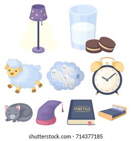 A set of pictures on a theme a dream, rest. Bed accessories for rest.Sleep and rest icon in set collection on cartoon style vector symbol stock illustration.