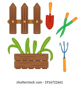 A set of pictures on the theme of gardening. Spring gardening set: tools, a box of flowers and a fence. Can be used in design to create postcards, banners, advertisements, as well as infographics 