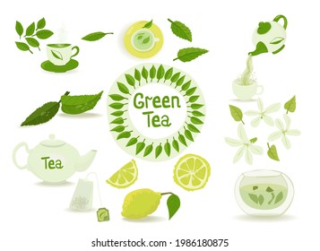 A set of pictures on the theme of green tea with tea paraphernalia, such as jasmine flowers, tea bags, teapots, cups, tea leaves, lemons.