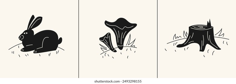 A set of pictures on the theme of nature and forests. A silhouette image of a hare, mushrooms and a stump. Forest motifs.