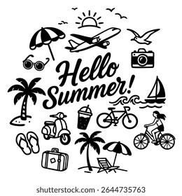 Set of pictures on the theme of summer holidays. Hello summer! posters, stickers, emblem. Decorative creative design. Black and white colors. Vector illustration.