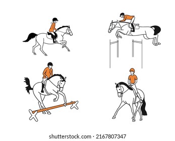 Set of pictures on the theme of a variety of equestrian sports, dressage, show jumping, pony sport