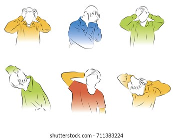 A set of pictures on the topic of the headache. Colored vector illustration of headache, migraine, stroke, influenza, pressure