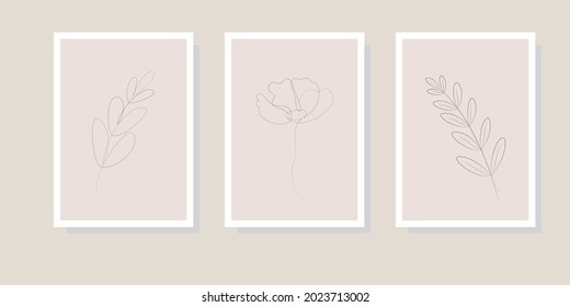 Set of pictures one line drawing vector flowers and leaves. Contemporary one-line art, aesthetic outline. Perfect for home decor, posters, wall art, print bag or t-shirt, sticker, mobile phone case.
