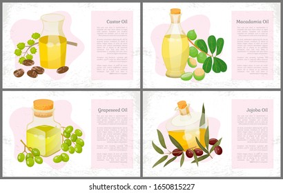 Set of pictures of organic products and information about it. Glass vessels with liquid, castor and jojoba, macadamia and grapeseed oils. Fruits and berries, nuts near bottles. Vector illustration