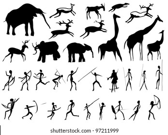 Set of pictures of people and animals in the prehistoric period (petroglyphic painting).